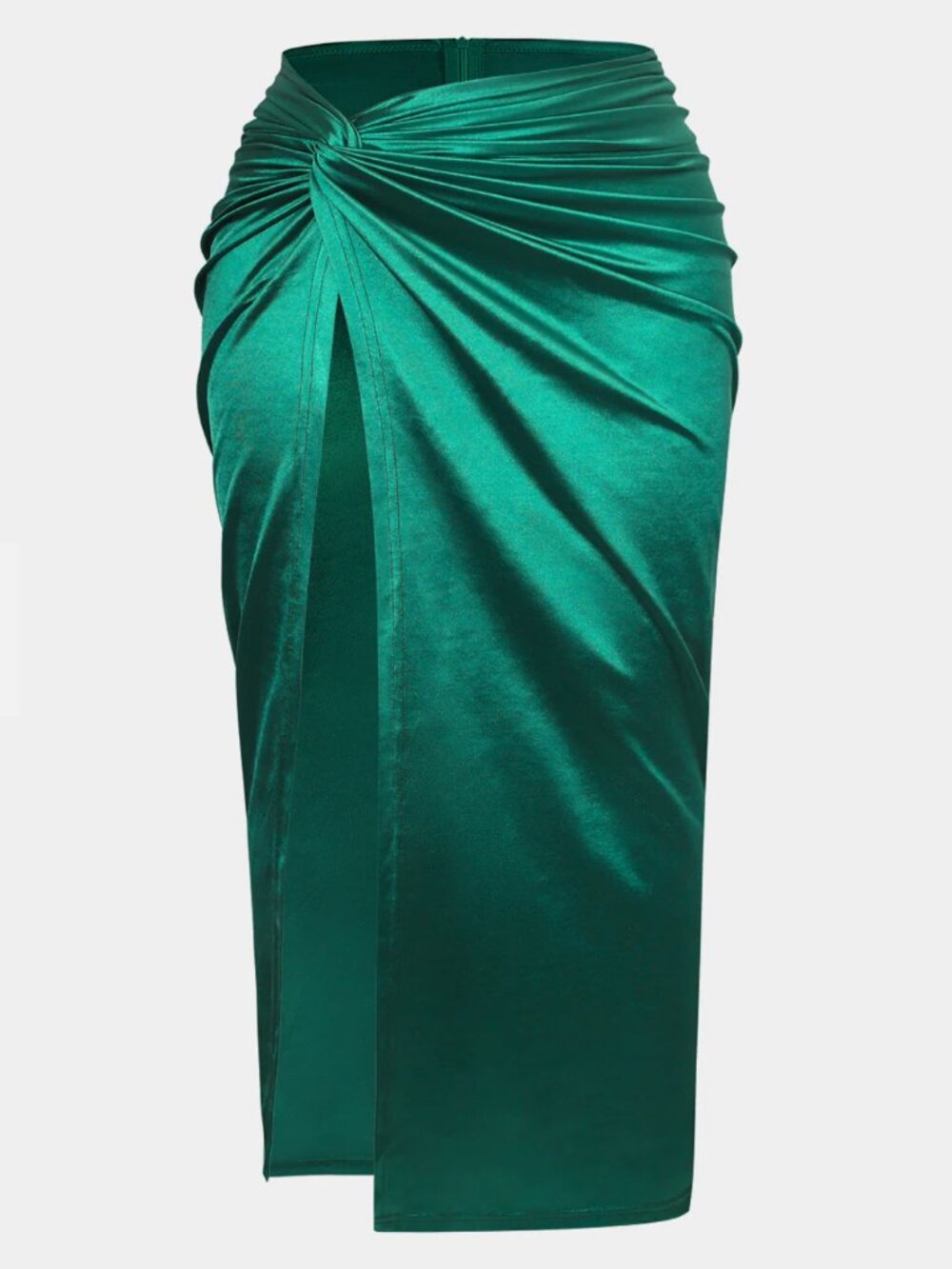 Micas Satin Twist Knot Skirt 1XL Emerald Green High Waist Slit Midi NWT